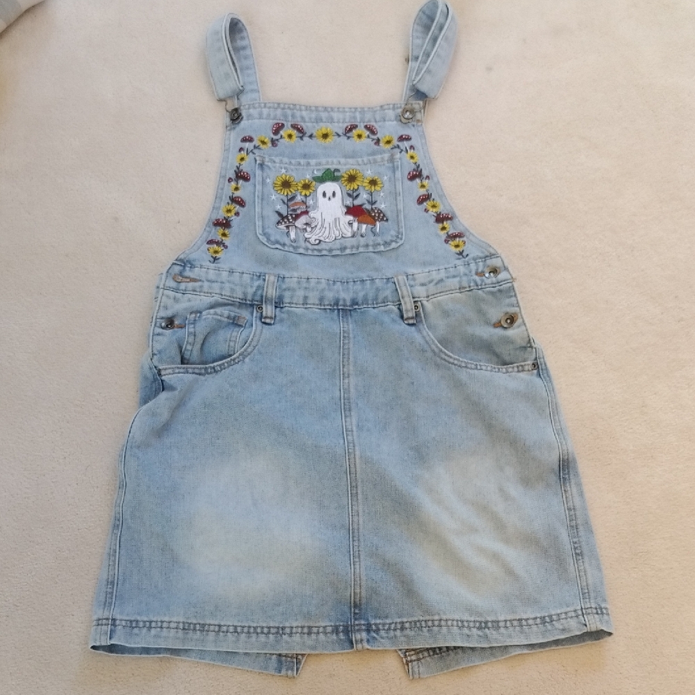 Denim Overall Skirt with Embroidered Design
